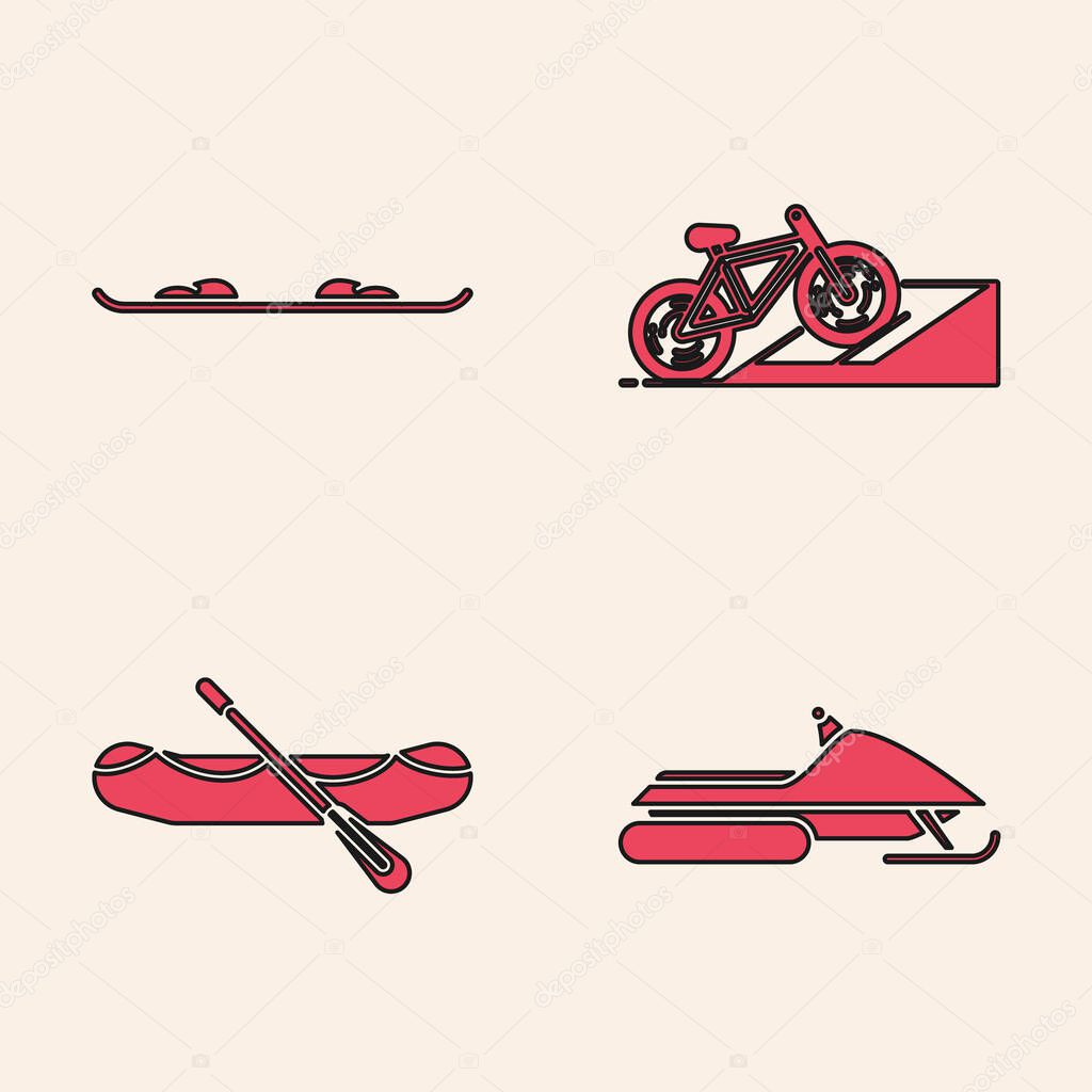 Set Snowmobile, Snowboard, Bicycle on street ramp and Rafting boat icon. Vector
