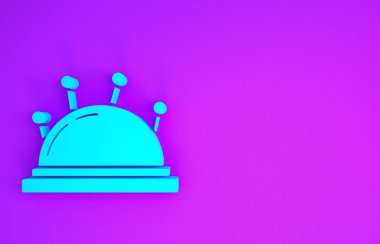 Mor arka planda mavi iğne ve iğne ikonu var. El yapımı ve dikiş teması. Minimalizm kavramı. 3d illüstrasyon 3d canlandırma
