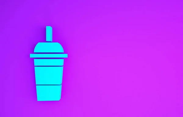 Голубой Бумажный Стакан Питьевой Соломой Значком Воды Фиолетовом Фоне Содовый — стоковое фото