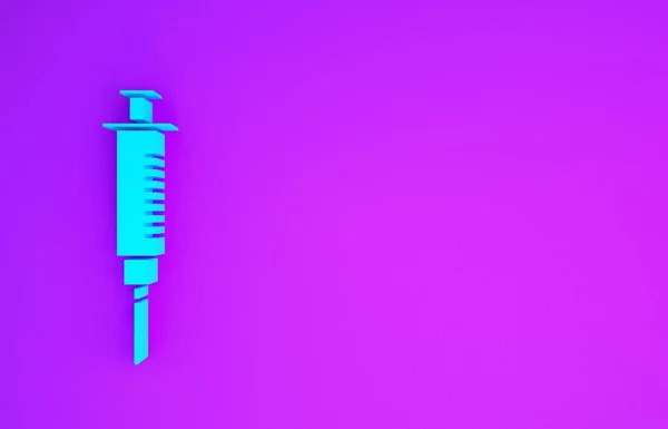 蓝色注射器图标隔离在紫色背景 疫苗注射器 注射器 流感疫苗 医疗设备 最低纲领的概念 3D渲染3D插图 — 图库照片