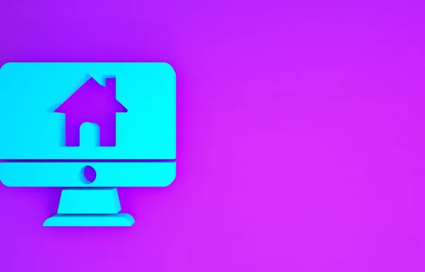 Blauer Computermonitor Mit Smart Home Symbol Auf Violettem Hintergrund Fernbedienung — Stockfoto