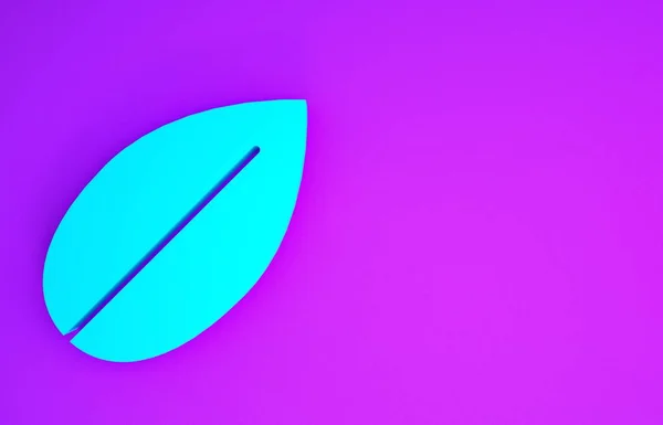 紫色の背景に青い葉のアイコンが隔離されています 新鮮な天然物のシンボル 最小限の概念 3Dイラスト3Dレンダリング — ストック写真