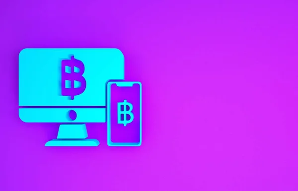Monitor Ordenador Azul Con Teléfono Móvil Bitcoin Icono Aislado Sobre — Foto de Stock