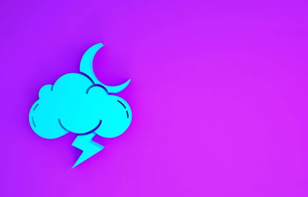 蓝色风暴图标隔离在紫色背景 有闪电和月亮的云彩 暴风雨的天气标志 最低纲领的概念 3D说明3D — 图库照片