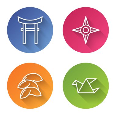 Japon geçidi, Japon ninja shuriken, Çin fal kurabiyesi ve Origami kuşu. Renkli daire düğmesi. Vektör