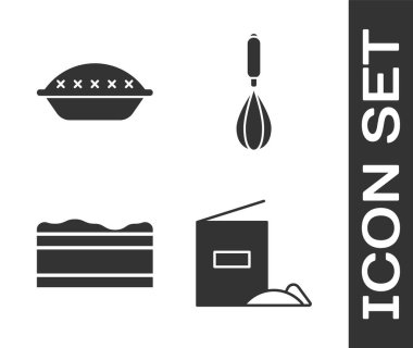 Un paketi, ev yapımı turta, çikolatalı kek ve mutfak çırpıcı ikonu. Vektör