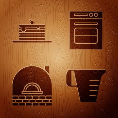 Ölçme kabı, krep yığını, ocak ve tuğla fırını ahşap zemine koyun. Vektör