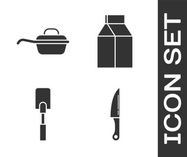 Süt ikonu için Bıçak, Kızartma Tavası, Spatula ve Kağıt paketini hazırla. Vektör