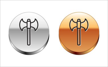 Siyah çizgi Ortaçağ balta simgesi beyaz arka planda izole edildi. Savaş baltası, cellat baltası. Gümüş-altın halka düğmesi. Vektör İllüstrasyonu