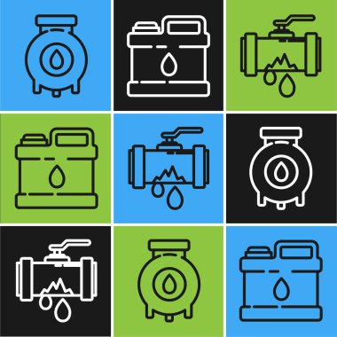 Petrol ve gaz sanayi fabrikası, sızıntı yapan su ve motor makine yağı ikonu için teneke kutulu kırık metal boru. Vektör