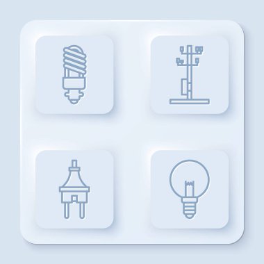 Led ampulü, yüksek voltajlı elektrik direği, elektrik prizi ve ampulü ayarlayın. Beyaz kare düğme. Vektör