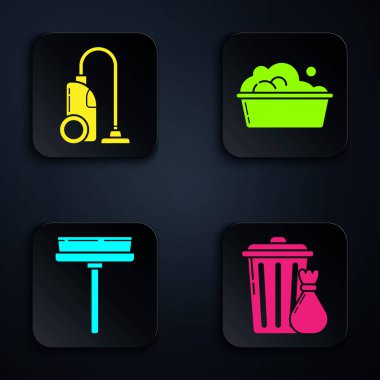 Çöp tenekesi, çöp torbası, elektrikli süpürge, silecek, sabun köpüklü plastik leğen. Siyah kare düğme. Vektör