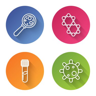 Çizgili mikroorganizmaları büyüteç, molekül, test tüpü ve matara kimyasalı ve bakterisi altına yerleştir. Renkli daire düğmesi. Vektör