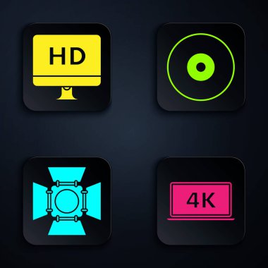 Laptop ekranını 4k video teknolojisi, Bilgisayar Pc monitörünü Hd video teknolojisi, Movie spot ışığı ve Cd veya Dvd diski ile ayarla. Siyah kare düğme. Vektör
