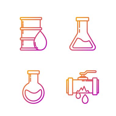 Sızdıran su, tüp ve matara, fıçı yağı, test tüpü ve matarası olan kırık metal boruyu hizaya sokun. Renk simgeleri. Vektör
