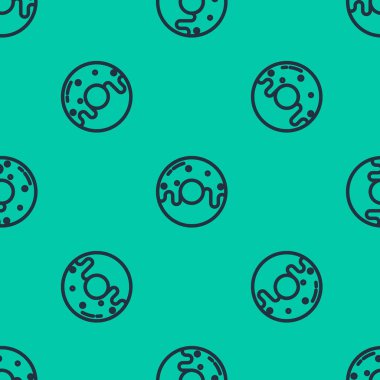 Tatlı simgeli mavi çizgili donut yeşil arka planda izole edilmiş pürüzsüz desen. Vektör İllüstrasyonu