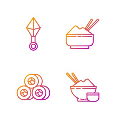 Pirinci yemek çubuğu, suşi, Japon ninja shuriken ve pilavlı bir kaseye koy. Renk simgeleri. Vektör