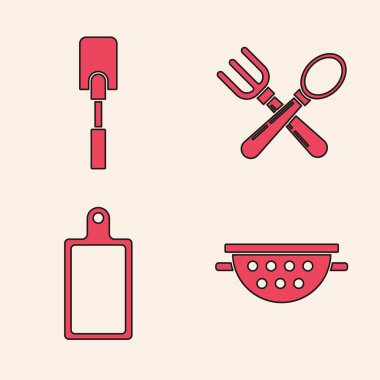 Kitchen süzgeci, Spatula, çapraz çatal, kaşık ve kesme tahtası simgesi. Vektör