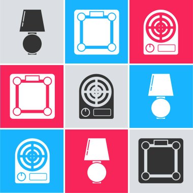 Masa lambası, banyo terazisi ve elektrikli ısıtıcı ikonu. Vektör