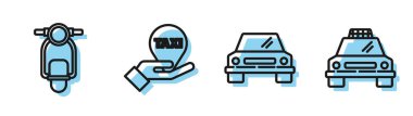 Çizgi arabası, Scooter, harita işaretleyicisi, taksi ve taksi ikonu. Vektör