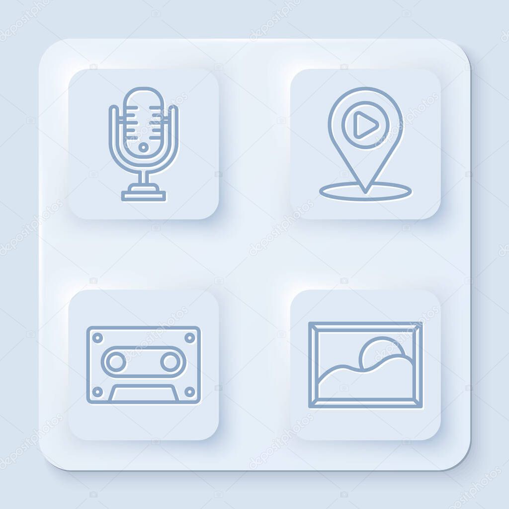 Set line Microphone, Digital media play with location, Retro audio cassette tape and Picture landscape. White square button. Vector