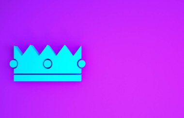 Mavi Crown simgesi mor arkaplanda izole edilmiş. Minimalizm kavramı. 3d illüstrasyon 3B canlandırma