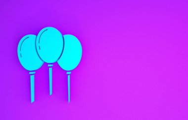 Mor arka planda izole edilmiş kurdele ikonu olan mavi balonlar. Minimalizm kavramı. 3d illüstrasyon 3B canlandırma