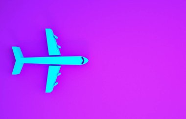 Mavi düzlem simgesi mor arkaplanda izole edildi. Uçan uçak ikonu. Uçak tabelası. Minimalizm kavramı. 3d illüstrasyon 3d canlandırma