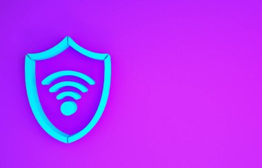 Mor arkaplanda izole edilmiş kablosuz internet ağ simgesi olan Mavi Kalkan. Güvenlik konsepti. Minimalizm kavramı. 3d illüstrasyon 3d canlandırma
