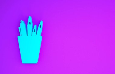 Mor arkaplanda mavi kalem kutusu kırtasiyesi simgesi izole edildi. Kalem, kalem, cetvel. Minimalizm kavramı. 3d illüstrasyon 3d canlandırma