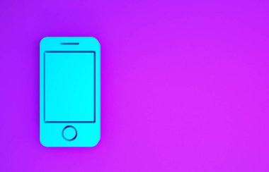 Mor arkaplanda izole edilmiş uygulama dağıtım simgesine sahip Mavi Mobil akıllı telefon. Paket takibi. Minimalizm kavramı. 3d illüstrasyon 3d canlandırma