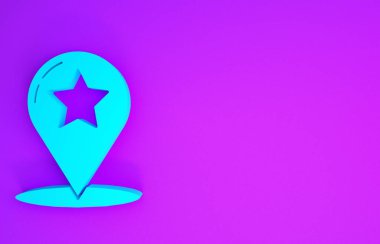 Mor zemin üzerinde yıldız simgesi olan mavi harita işaretçisi. Yıldız favori iğne haritası simgesi. Harita işaretleyicileri. Minimalizm kavramı. 3d illüstrasyon 3B canlandırma