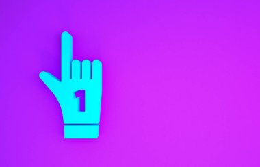 Mavi bir numaralı hayran eldiveni, parmak kaldırma simgesi mor arka planda izole edilmiş. Yarışmalarda takım desteğinin sembolü. Minimalizm kavramı. 3d illüstrasyon 3d canlandırma