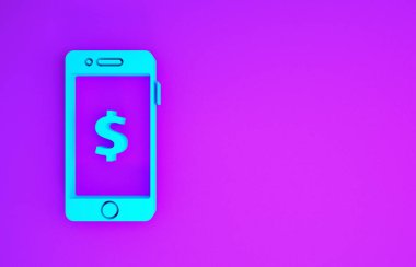 Mor arkaplanda dolar sembolü olan mavi akıllı telefon. İnternetten alışveriş konsepti. Finansal cep telefonu simgesi. Çevrimiçi ödeme. Minimalizm kavramı. 3d illüstrasyon 3B canlandırma