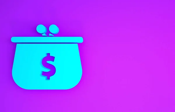 蓝色钱包与美元符号图标隔离在紫色背景 钱包图标 现金储蓄符号 最低纲领的概念 3D说明3D — 图库照片