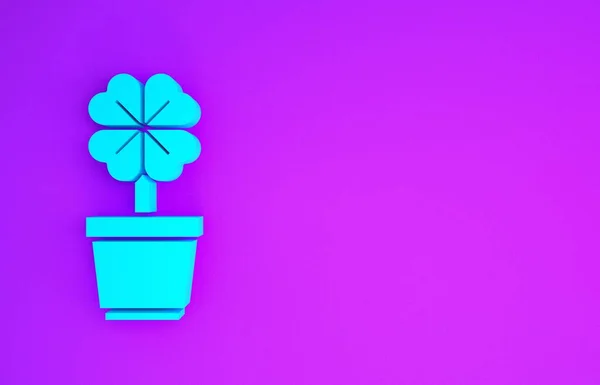 Blue Four leaf clover in pot icon isolated on purple background. Happy Saint Patrick day. Minimalism concept. 3d illustration 3D render