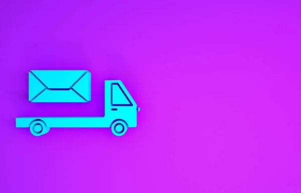 Blue Post truck icon isolated on purple background. Mail car. Vehicle truck transport with envelope or letter. Minimalism concept. 3d illustration 3D render