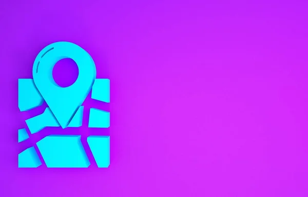 Blaue Faltkarte Mit Ortsmarkierungssymbol Auf Violettem Hintergrund Minimalismus Konzept Illustration — Stockfoto