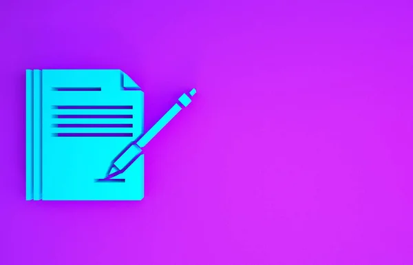 Blue Blank Блокнот Значок Ручки Изолированы Фиолетовом Фоне Бумага Ручка — стоковое фото