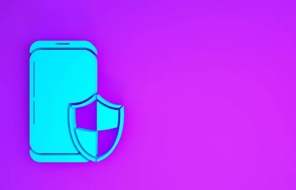 Blue Smartphone, mobile phone with security shield icon isolated on purple background. Security, Security, safety, protection concept. Minimalism concept. 3d illustration 3D render