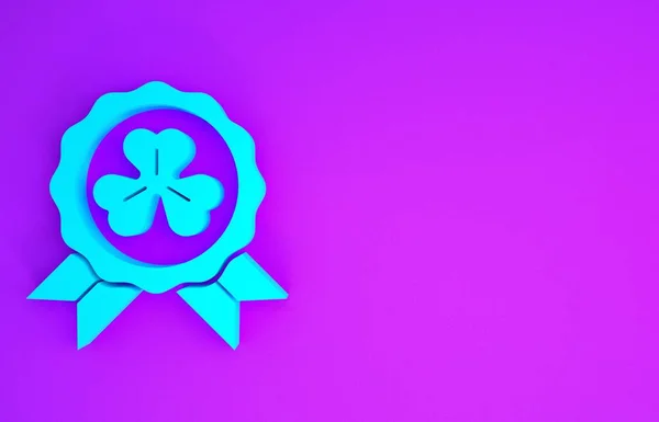 Blue Medal with four leaf clover icon isolated on purple background. Happy Saint Patrick day. Minimalism concept. 3d illustration 3D render