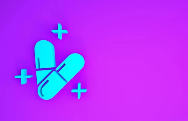 Blue Medicine pill or tablet icon isolated on purple background. Capsule pill and drug sign. Pharmacy design. Minimalism concept. 3d illustration 3D render