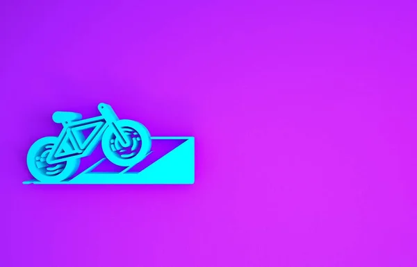 街道坡道上的蓝色自行车图标与紫色背景隔离 滑板公园 极限运动 运动器材 最低纲领的概念 3D渲染3D插图 — 图库照片