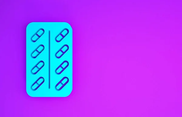 Niebieskie Pigułki Blistrze Ikona Opakowania Izolowane Fioletowym Tle Opakowanie Leku — Zdjęcie stockowe