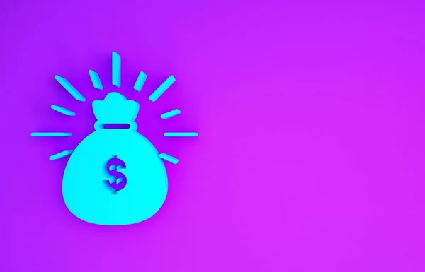 蓝色钱袋图标隔离在紫色背景 美元或美元符号 现金银行货币标志 最低纲领的概念 3D渲染3D插图 — 图库照片