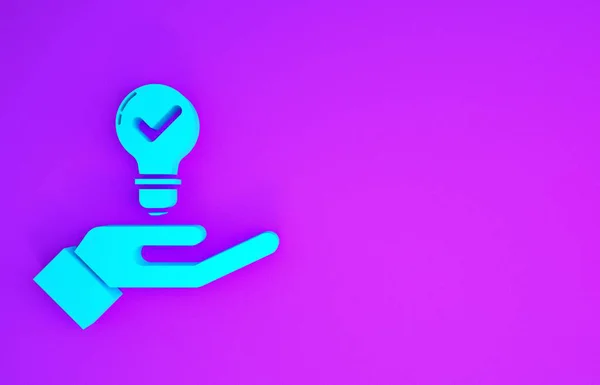Blue Light bulb in hand icon isolated on purple background. Concept of idea. Minimalism concept. 3d illustration 3D render