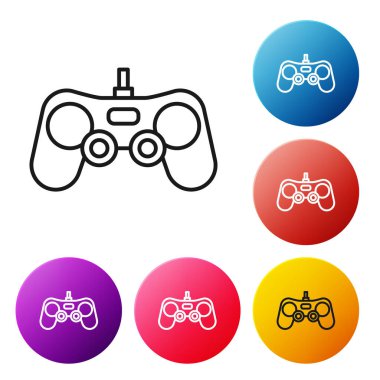 Siyah çizgi Gamepad simgesi beyaz arkaplanda izole edildi. Oyun kontrolörü. Renkli daire düğmelerini ayarlayın. Vektör İllüstrasyonu