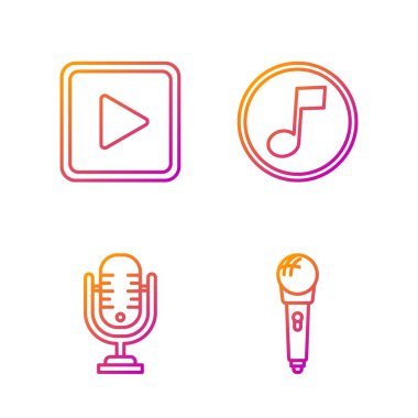 Mikrofon, Mikrofon, Kare şeklinde çal ve Müzik notası, ton. Renk simgeleri. Vektör