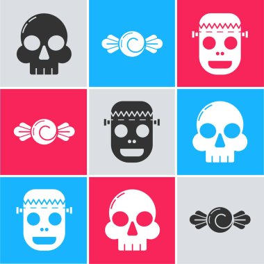 Set Skull , Candy  and Zombie mask  icon. Vector