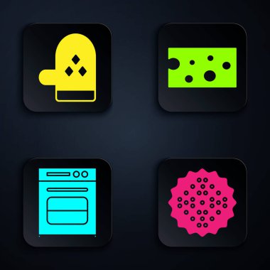 Cracker bisküvisi, fırın eldiveni, fırın ve peynir. Siyah kare düğme. Vektör